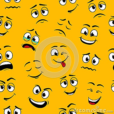 Cartoon funny faces pattern. Seamless pattern with cartoon funny faces. Smiley background. Happy emoticon on yellow background. Vector Illustration