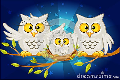 Cartoon funny family of grey owls Vector Illustration