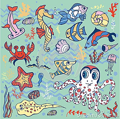 Cartoon Funny Fish, Sea Life background.Pastel Doodle set Vector Illustration