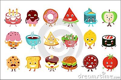 Cartoon funny food characters set, cake, watermelon, ice cream, donut, apple, cupcake, pizza, sushi roll, toast, tomato Vector Illustration