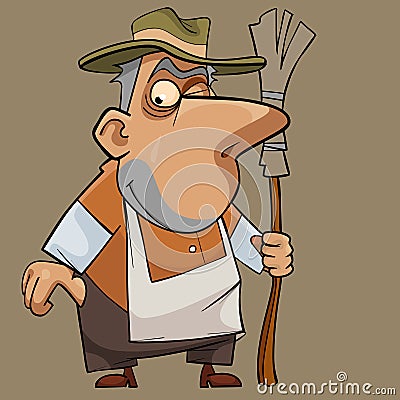 Cartoon funny friendly male janitor with a broom Vector Illustration