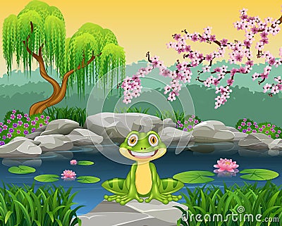 Cartoon funny frog sitting on the rock Vector Illustration