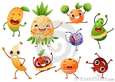 Cartoon Funny Fruits Dancing and Cheering Enjoying Summer Season Vector Set Vector Illustration