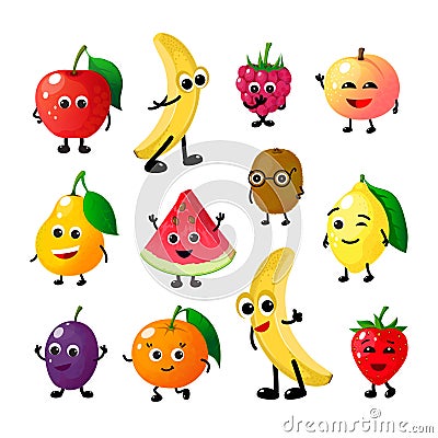Cartoon funny fruits. Happy apple banana raspberry peach pear watermelon lemon strawberry faces. Fruit berry vector Vector Illustration