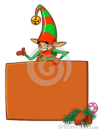 Cartoon funny gnome elf Santa helper holdingwooden blank board for Christmas or New Year greetings. Christmas illustration. Vector Vector Illustration