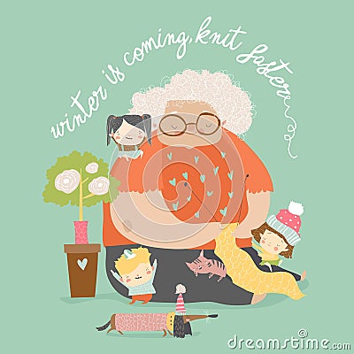 Cartoon funny grandmother knit for her grandchildren and pets Vector Illustration