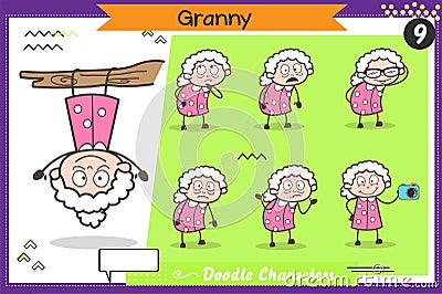 Cartoon Funny Granny Character Various Action and Concepts Vector Set Stock Photo