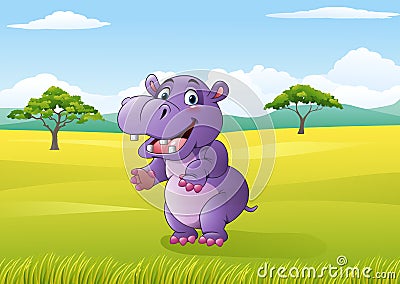 Cartoon funny hippo in the jungle Vector Illustration