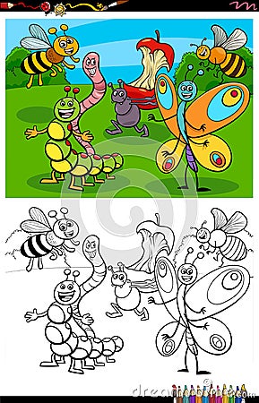 Cartoon funny insects group coloring book page Vector Illustration