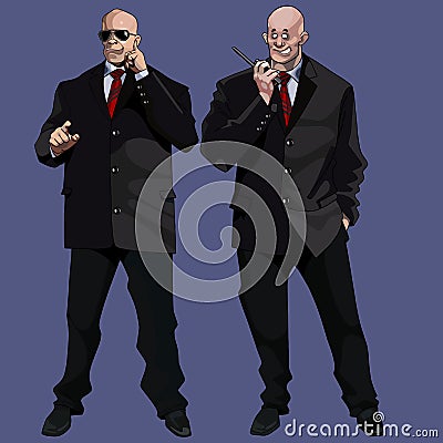 Cartoon funny large men guards in black suits Vector Illustration