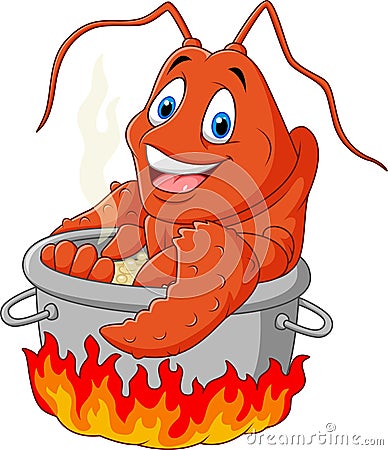 Cartoon funny lobster being cooked in a pan Vector Illustration