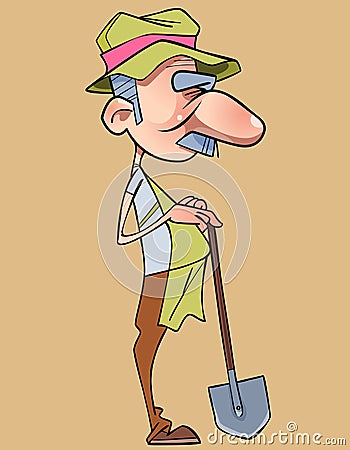 Cartoon funny long nosed man gardener with a shovel Vector Illustration