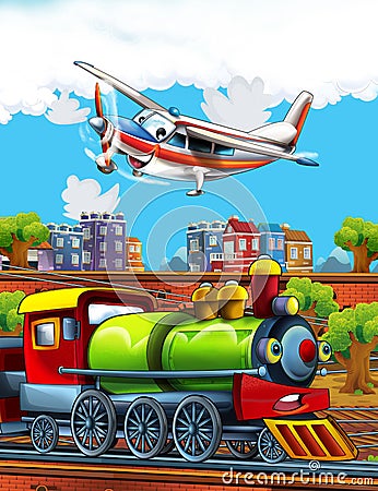 Cartoon funny look train wagon on station near the city and flying plane Cartoon Illustration