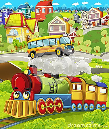 Cartoon funny looking steam train locomotive near the city with cars and plane flying by - illustration for children Cartoon Illustration