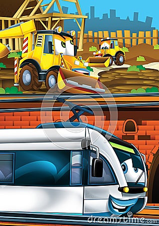 Cartoon funny looking train on the train station near the city and excavator digger car driving Cartoon Illustration