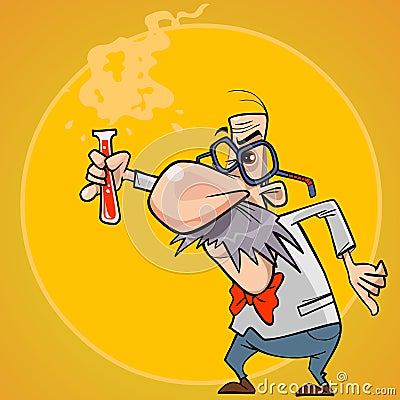 Cartoon funny man scientist with a test tube in his hand Vector Illustration