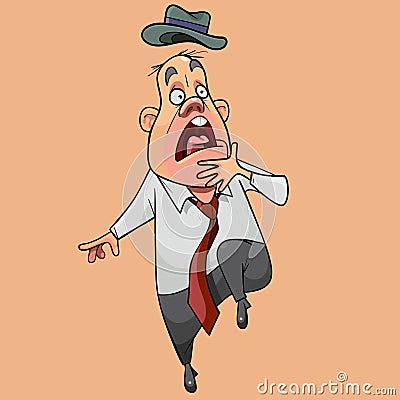 Cartoon funny man with tie and hat jumps in fright Vector Illustration