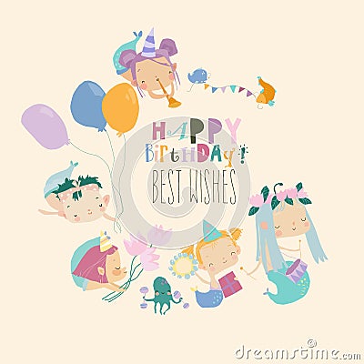 Cartoon Funny Mermaids with Fishes celebrating Birthday Vector Illustration