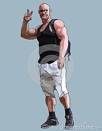 Cartoon funny muscular man showing gesture two fingers Vector Illustration