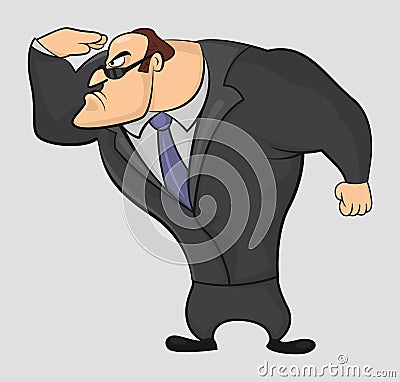 Cartoon funny muscular vector guard in a suit looking for bad guys in suit and sunglasses. Strong Athletic man in black clothes. Vector Illustration