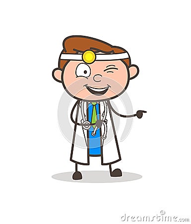 Cartoon Funny Naughty Doctor Winking Eye and Pointing Finger Vector Stock Photo