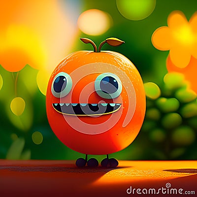 Cartoon funny orange fruits characters, in summer garden. Ai generated Stock Photo