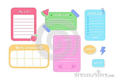 Cartoon Funny Paper Note, Cute School Stickers, List Planner Or Schedule Sheets. To Do List Or Memo Blanks, Notepaper Vector Illustration