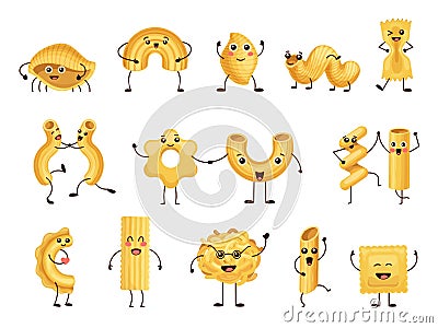 Cartoon funny pasta characters, italian macaroni mascot emoji. Comic happy spaghetti, penne and fusilli with face, hands Vector Illustration