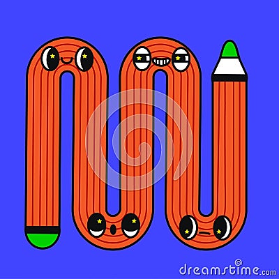 Cartoon funny Pencil Character with eyes. Retro comic illustration Vector Illustration