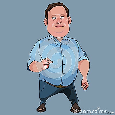 Cartoon funny pot bellied man stands important and shows finger Vector Illustration