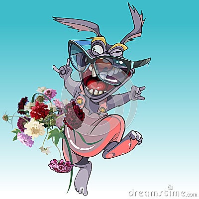 Cartoon funny rabbit skipping along happily with a bouquet of flowers Vector Illustration