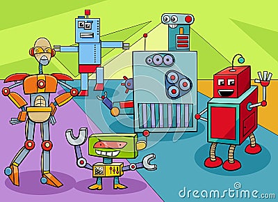 Cartoon funny robots and droids characters group Vector Illustration