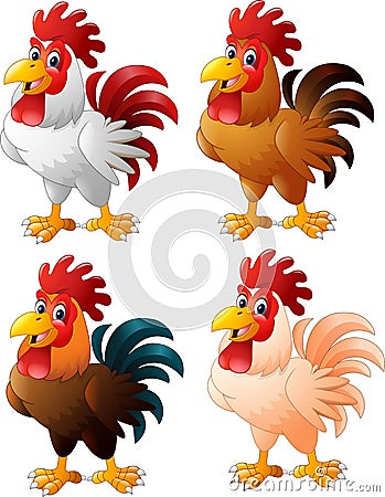 Cartoon funny rooster collection set Vector Illustration