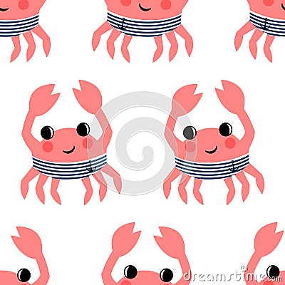 Cartoon funny sailor crab seamless pattern. Vector Illustration