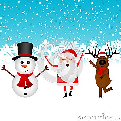 Cartoon funny santa claus, reindeer and snowman dancing Vector Illustration