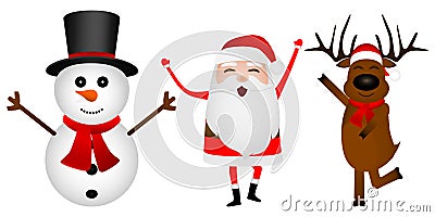 Cartoon funny santa claus, reindeer and snowman dancing isolated on white Vector Illustration