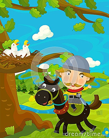 Cartoon funny scene with traditional happy character - knight Cartoon Illustration