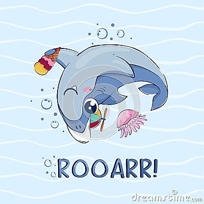 Cartoon funny shark in a cap with a propeller and ice cream among the waves. Postcard with the inscription roar Vector Illustration