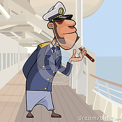 Cartoon ship captain stands with cigar on deck of ship Vector Illustration