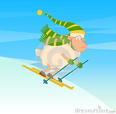 Cartoon funny skier sheep. Vector Illustration
