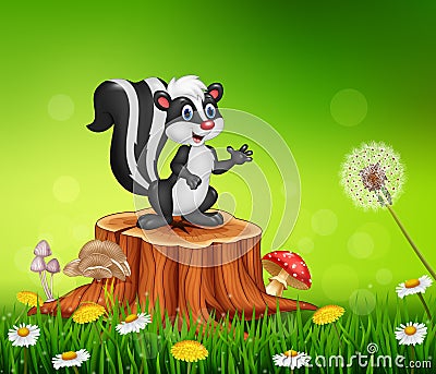 Cartoon funny skunk on tree stump in summer background Vector Illustration
