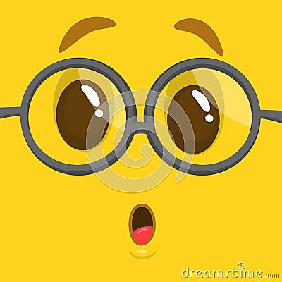 Cartoon funny smart and clever monster face wearing glasses. Vector illustration. Vector Illustration