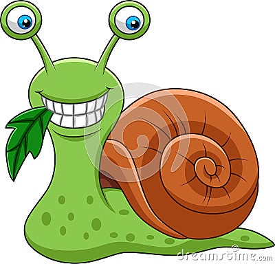 Cartoon funny snail eating a leaf Vector Illustration