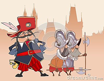 Cartoon funny soldier the Musketeer and the guards Vector Illustration