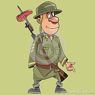 Cartoon funny soldier with a rifle with a bayonet Vector Illustration