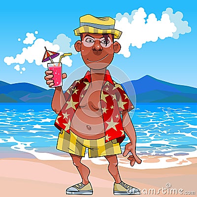 Cartoon funny tanned tourist stands with a cocktail by the sea Vector Illustration