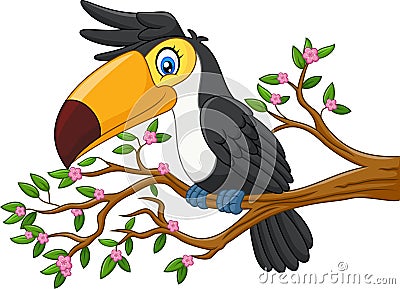 Cartoon funny toucan on a tree branch Vector Illustration