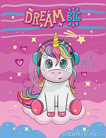 Cartoon funny unicorn with headphones. Cute little pony with rainbow. Wonderland. Fabulous animal. Children`s illustration. Vector Vector Illustration