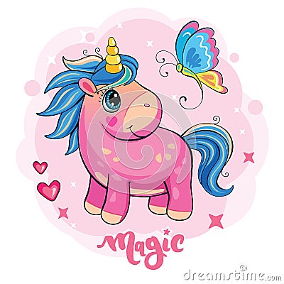 Cartoon funny unicorn on white background. Cute little pony with butterfly, star, cloud and heart. Wonderland. Vector for sticker. Vector Illustration
