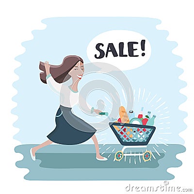 Cartoon funny woma run and push shopping trolley filled with full of shopping Vector Illustration